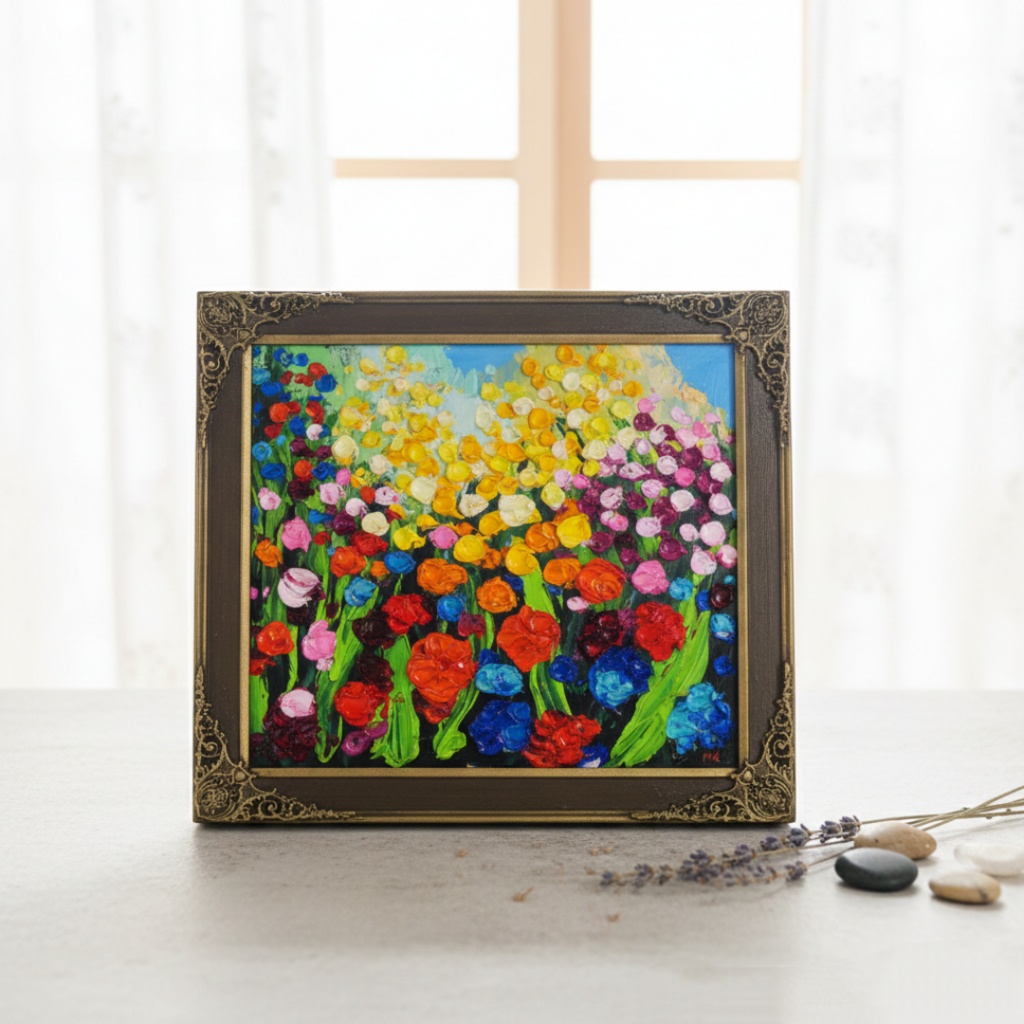 【原画】油絵「colorful flower garden」色紙/ 鮮やかな花畑の風景画 リビングや玄関に飾る花の絵 額縁あり