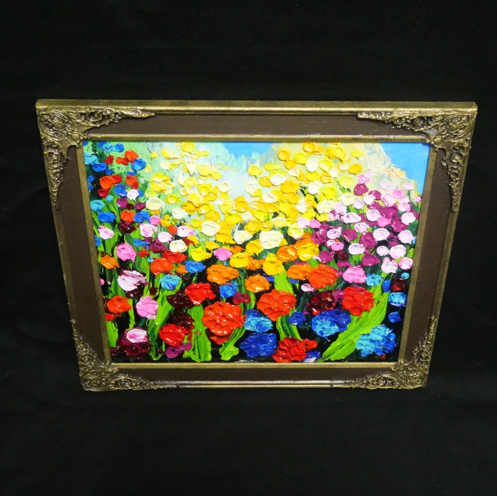 【原画】油絵「colorful flower garden」色紙/ 鮮やかな花畑の風景画 リビングや玄関に飾る花の絵 額縁あり
