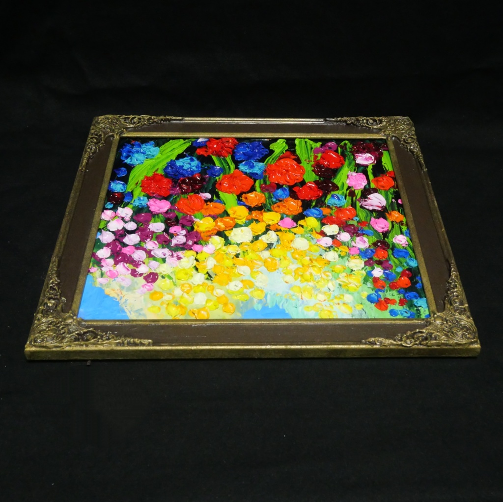 【原画】油絵「colorful flower garden」色紙/ 鮮やかな花畑の風景画 リビングや玄関に飾る花の絵 額縁あり