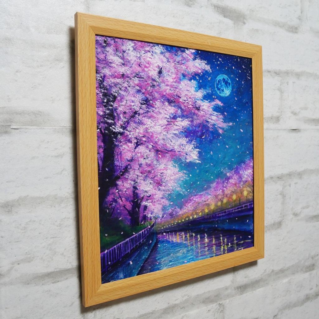油絵【青い満月の夜桜】原画 油彩画 絵画 風景画 夜景 桜アート 春インテリア 壁掛け 一点物