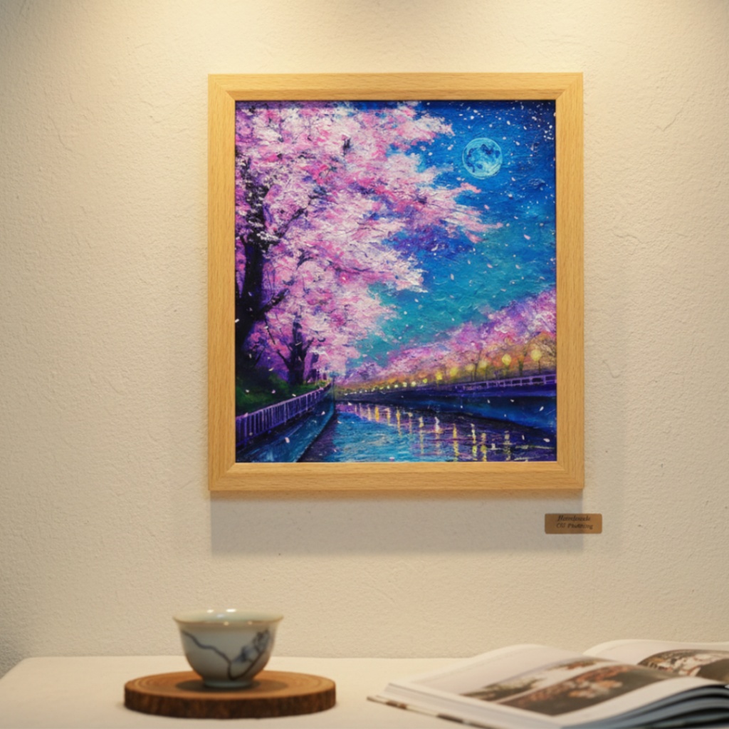 油絵【青い満月の夜桜】原画 油彩画 絵画 風景画 夜景 桜アート 春インテリア 壁掛け 一点物