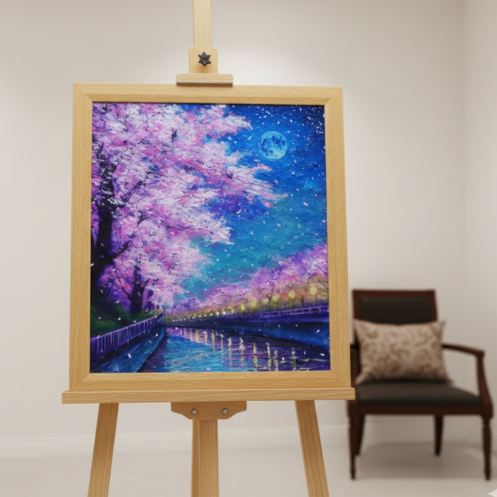 油絵【青い満月の夜桜】原画 油彩画 絵画 風景画 夜景 桜アート 春インテリア 壁掛け 一点物