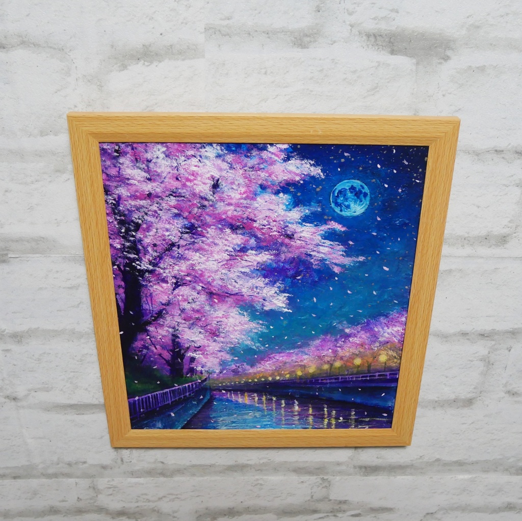 油絵【青い満月の夜桜】原画 油彩画 絵画 風景画 夜景 桜アート 春インテリア 壁掛け 一点物
