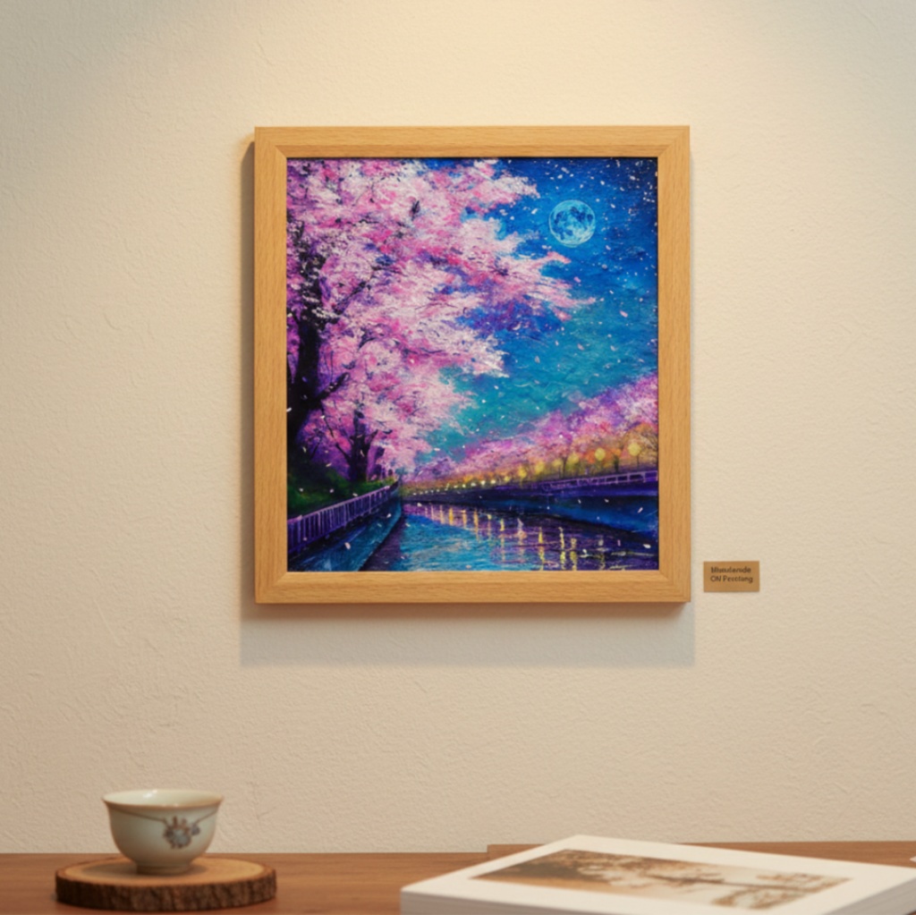 油絵【青い満月の夜桜】原画 油彩画 絵画 風景画 夜景 桜アート 春インテリア 壁掛け 一点物