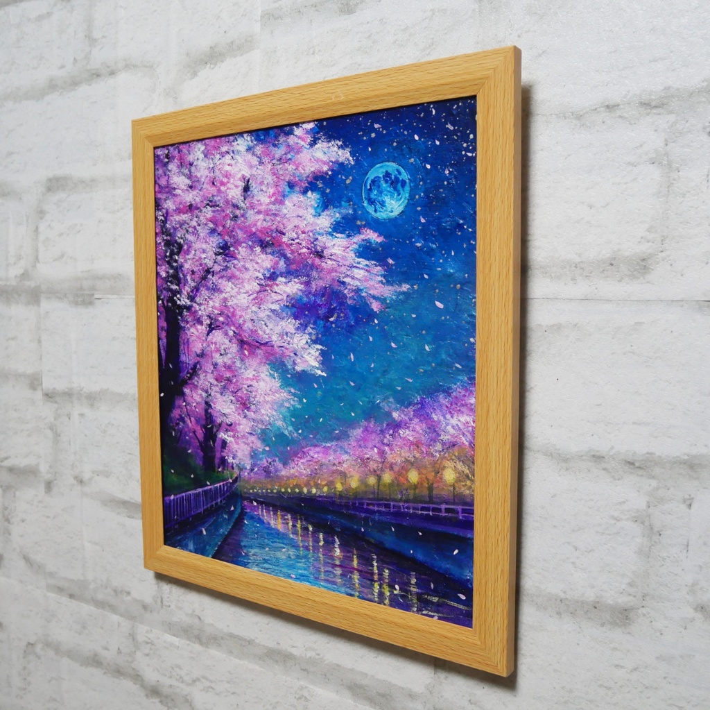 油絵【青い満月の夜桜】原画 油彩画 絵画 風景画 夜景 桜アート 春インテリア 壁掛け 一点物
