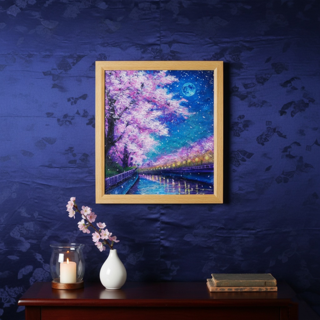 油絵【青い満月の夜桜】原画 油彩画 絵画 風景画 夜景 桜アート 春インテリア 壁掛け　一点物 