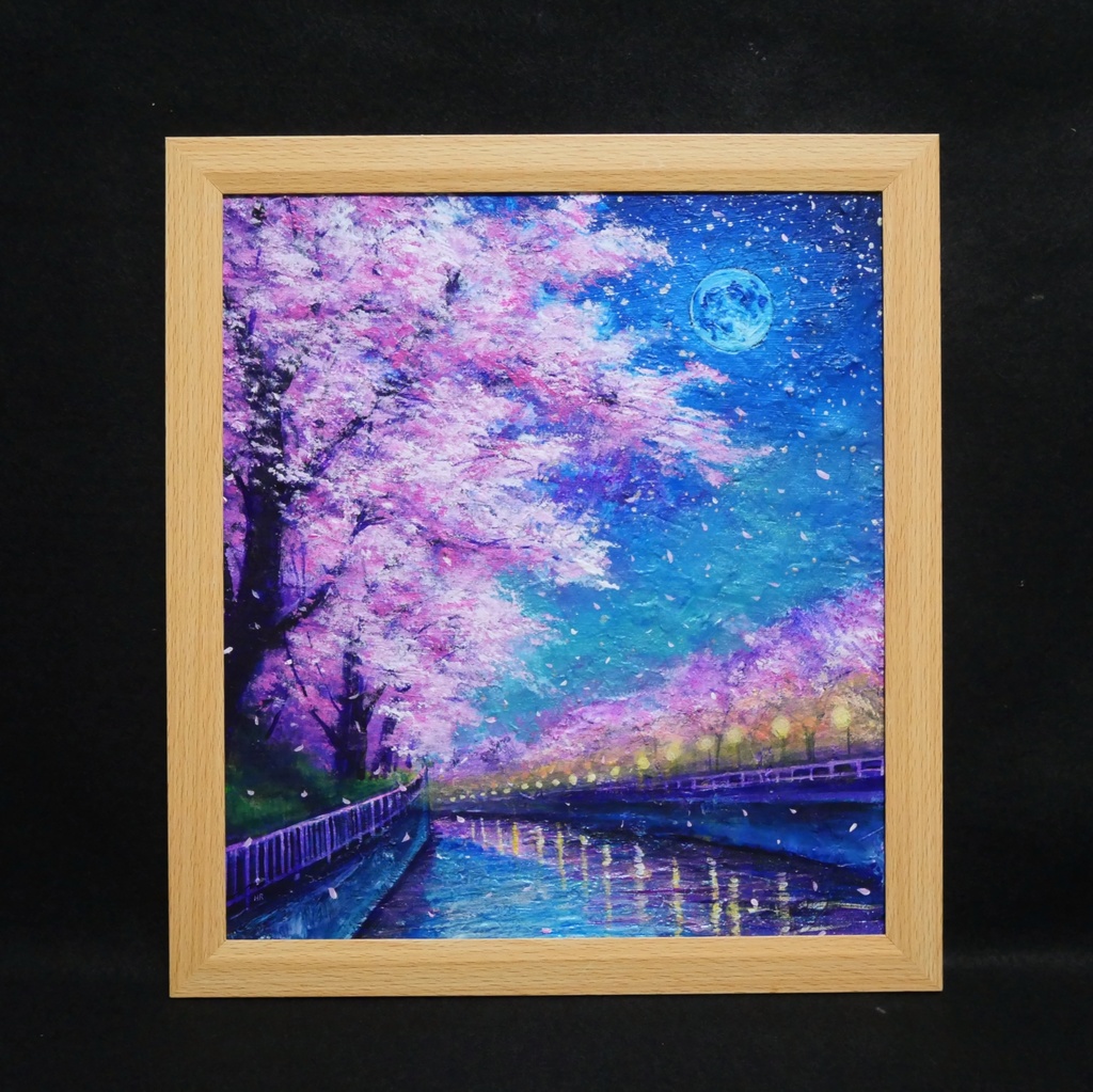 油絵【青い満月の夜桜】原画 油彩画 絵画 風景画 夜景 桜アート 春インテリア 壁掛け 一点物