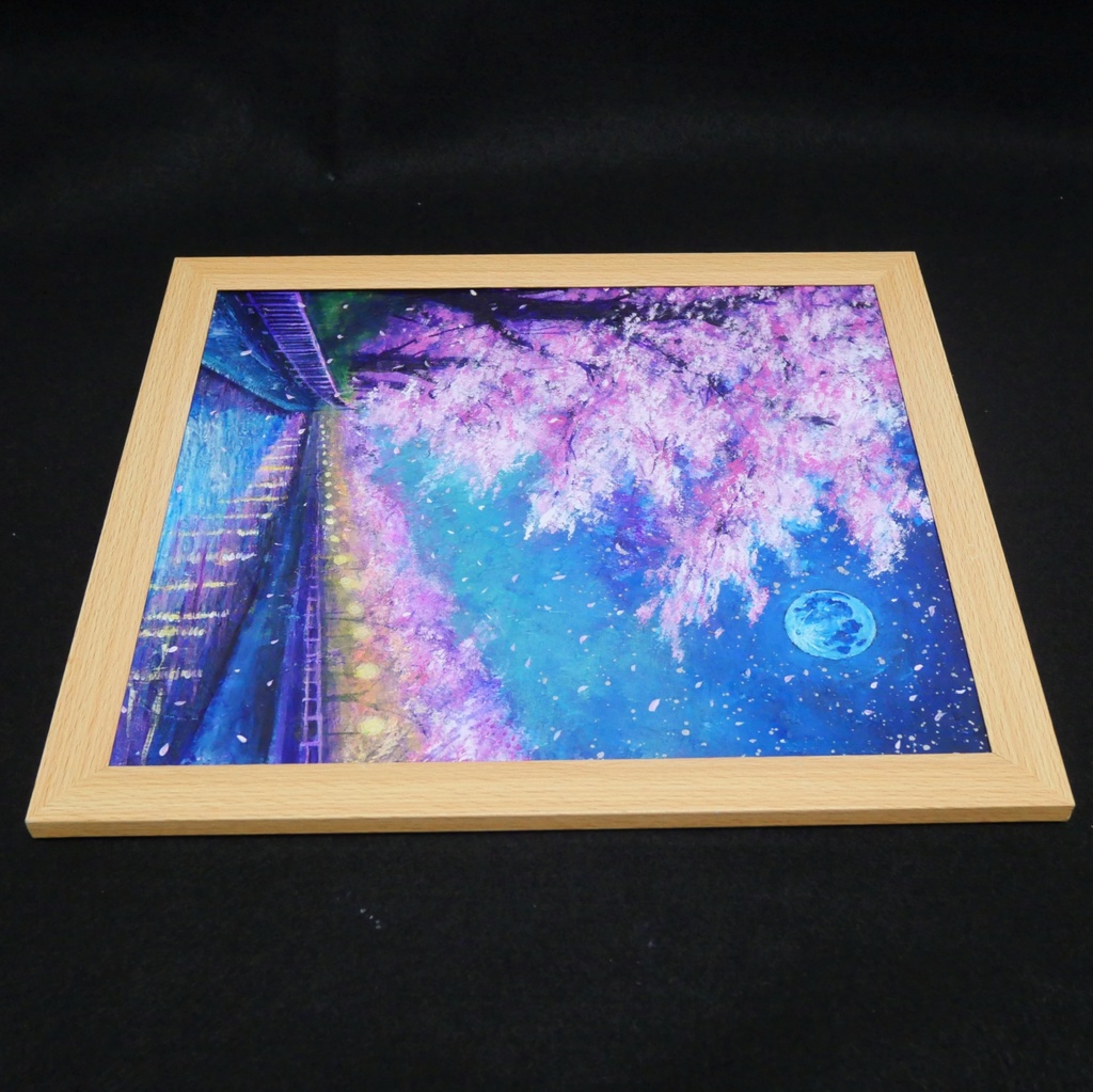 油絵【青い満月の夜桜】原画 油彩画 絵画 風景画 夜景 桜アート 春インテリア 壁掛け 一点物