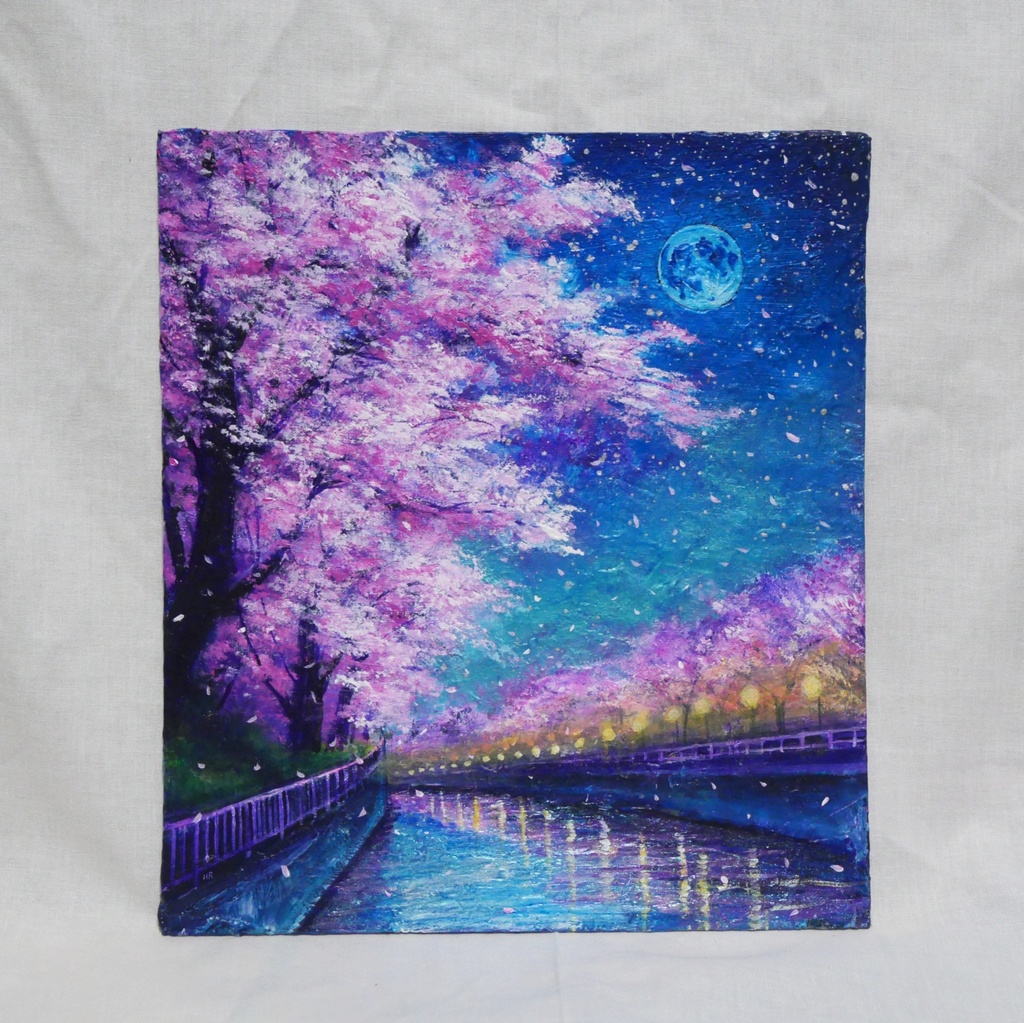 油絵【青い満月の夜桜】原画 油彩画 絵画 風景画 夜景 桜アート 春インテリア 壁掛け 一点物