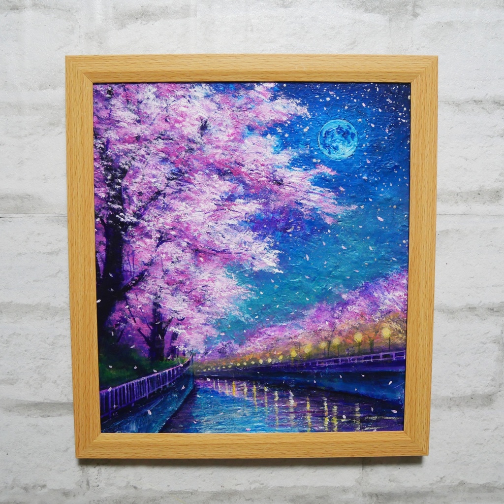 油絵【青い満月の夜桜】原画 油彩画 絵画 風景画 夜景 桜アート 春インテリア 壁掛け 一点物
