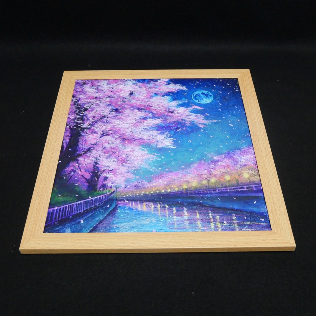 油絵【青い満月の夜桜】原画 油彩画 絵画 風景画 夜景 桜アート 春インテリア 壁掛け 一点物
