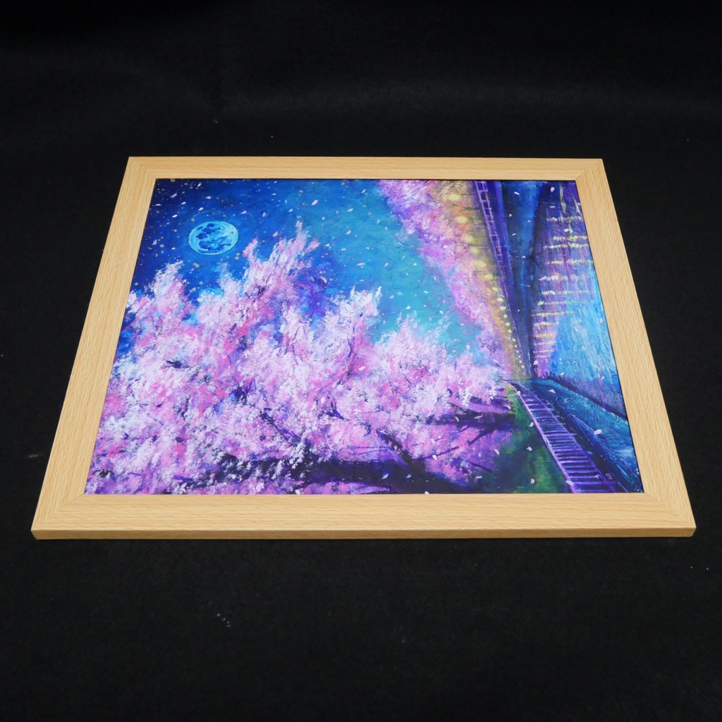 油絵【青い満月の夜桜】原画 油彩画 絵画 風景画 夜景 桜アート 春インテリア 壁掛け 一点物