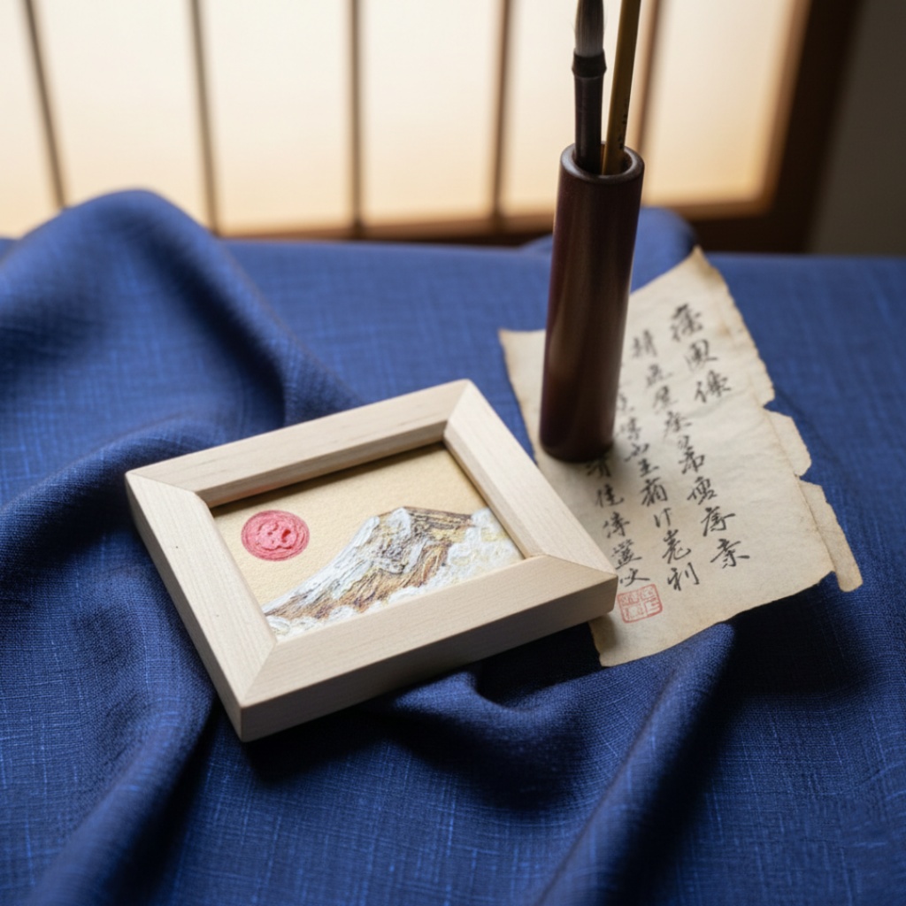 【原画】手のひらサイズ「黄金富士」油絵・手描きミニ絵画(額縁付き)