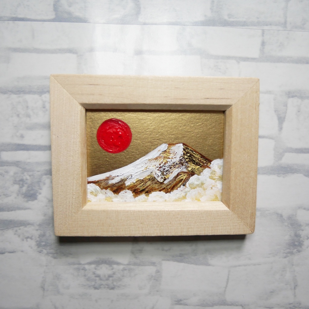【原画】手のひらサイズ「黄金富士」油絵・手描きミニ絵画(額縁付き)
