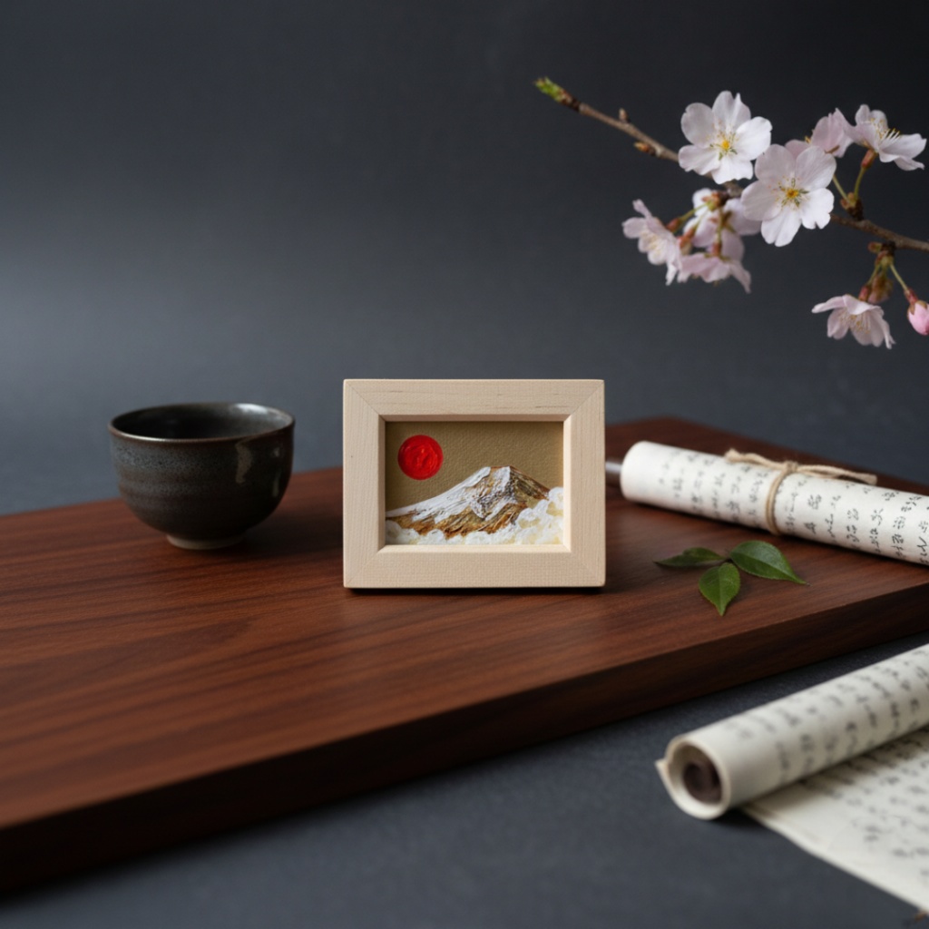 【原画】手のひらサイズ「黄金富士」油絵・手描きミニ絵画(額縁付き)