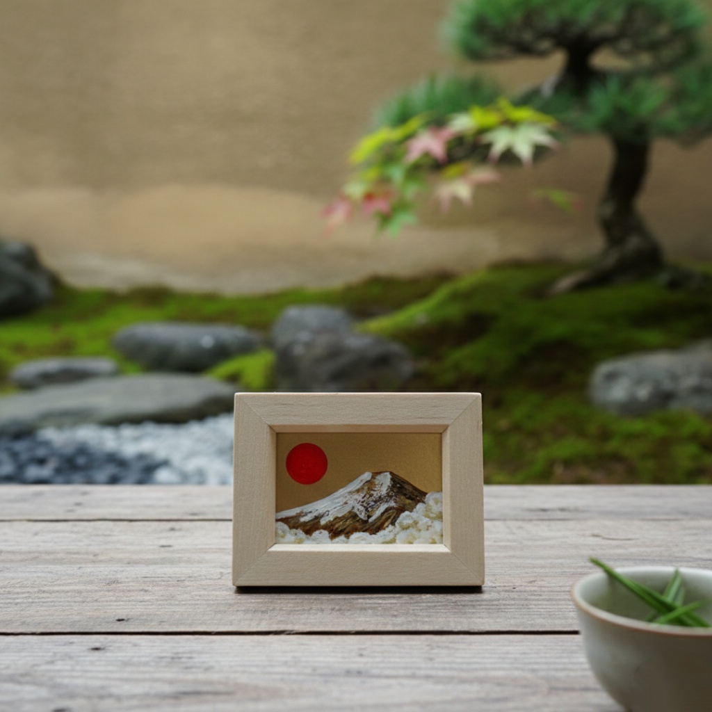 【原画】手のひらサイズ「黄金富士」油絵・手描きミニ絵画(額縁付き)