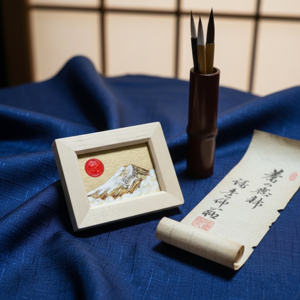 【原画】手のひらサイズ「黄金富士」油絵・手描きミニ絵画(額縁付き)