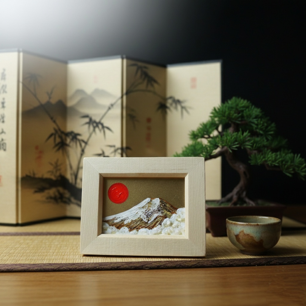 【原画】手のひらサイズ「黄金富士」油絵・手描きミニ絵画(額縁付き)