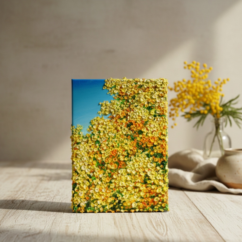 【原画】油絵「青い空とミモザ」北欧インテリアに馴染む花の絵画 |新築祝い・母の日ギフト・春の花