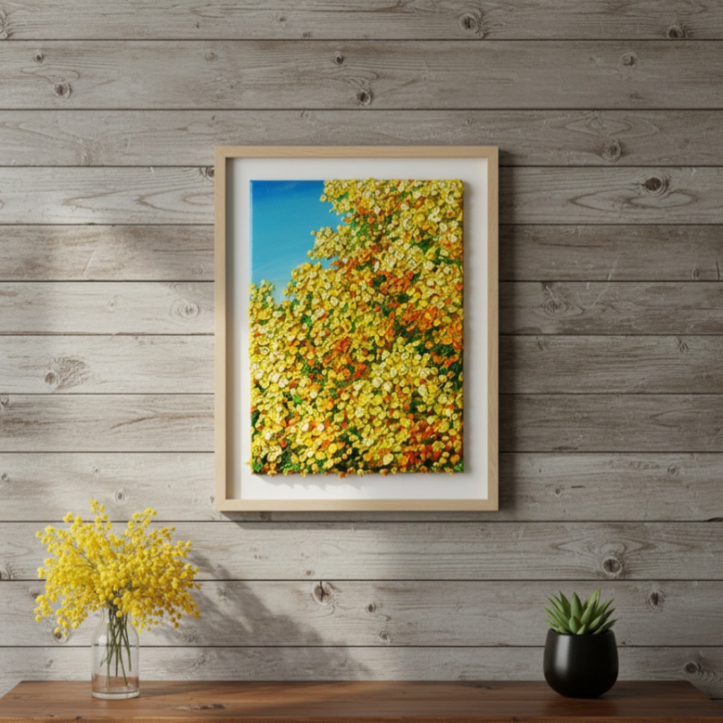 【原画】油絵「青い空とミモザ」北欧インテリアに馴染む花の絵画 |新築祝い・母の日ギフト・春の花