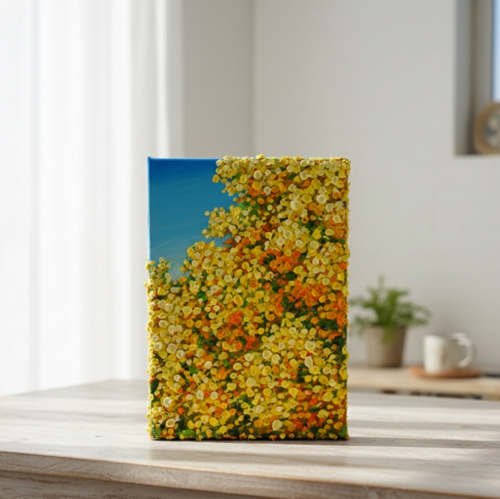 【原画】油絵「青い空とミモザ」北欧インテリアに馴染む花の絵画 |新築祝い・母の日ギフト・春の花