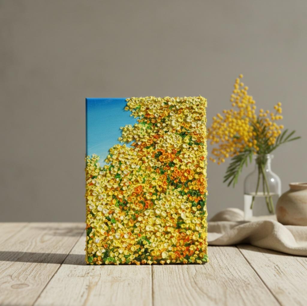 【原画】油絵「青い空とミモザ」北欧インテリアに馴染む花の絵画 |新築祝い・母の日ギフト・春の花