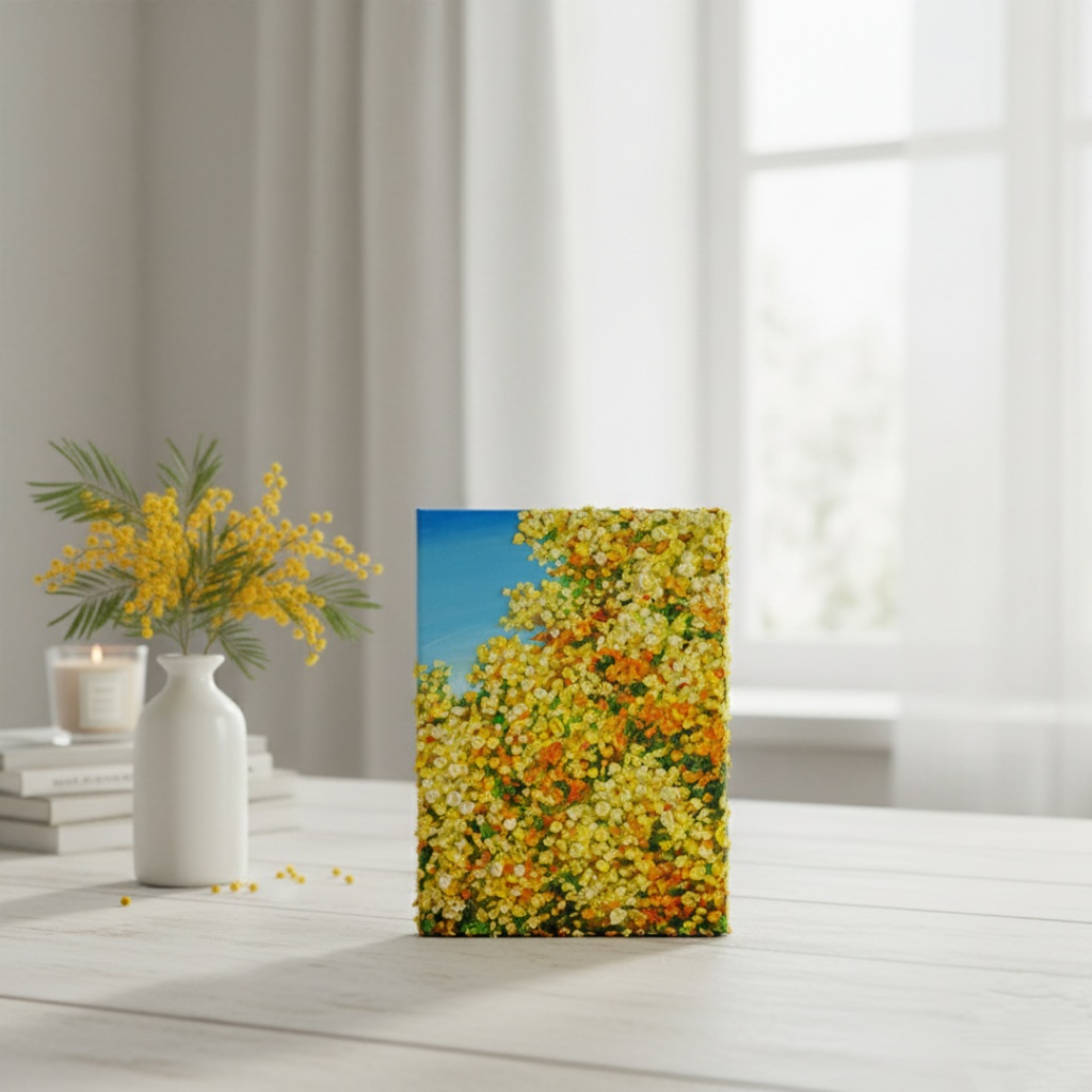 【原画】油絵「青い空とミモザ」北欧インテリアに馴染む花の絵画 |新築祝い・母の日ギフト・春の花