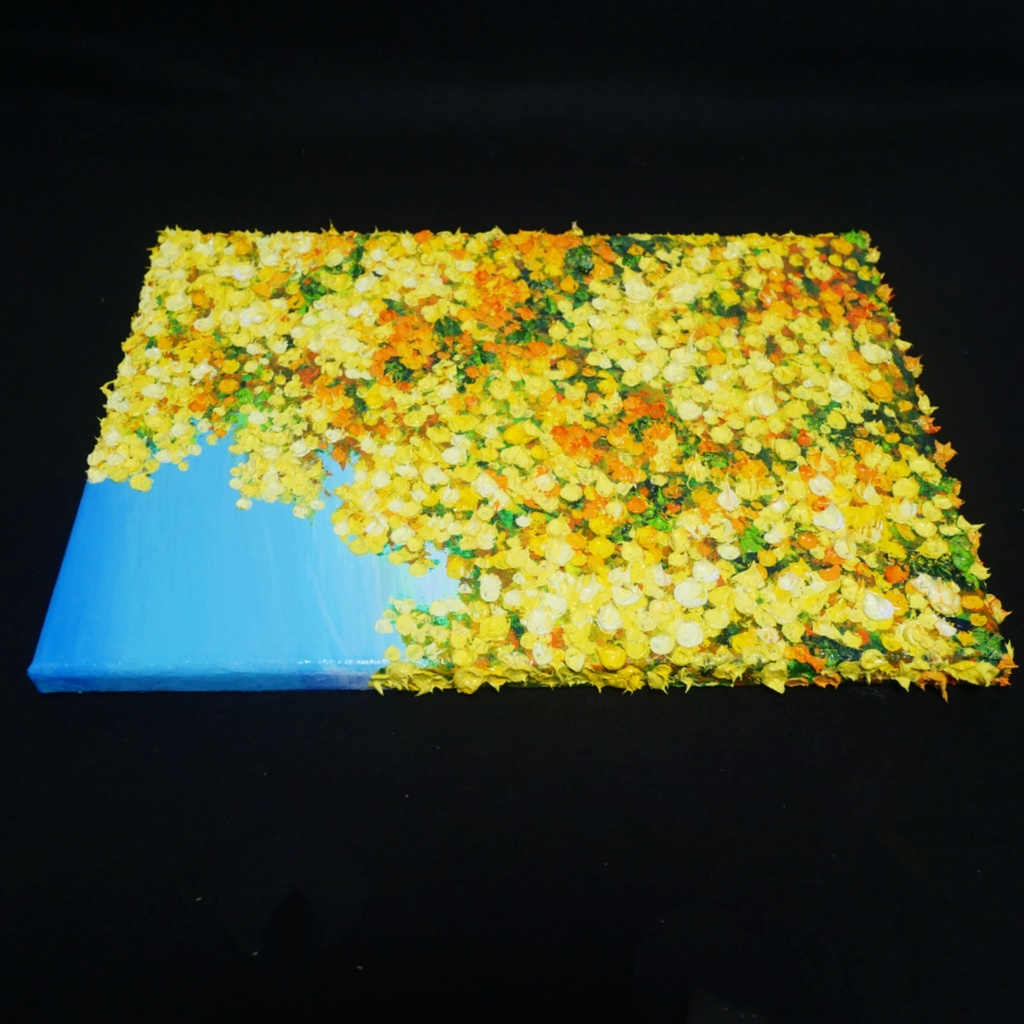 【原画】油絵「青い空とミモザ」北欧インテリアに馴染む花の絵画 |新築祝い・母の日ギフト・春の花