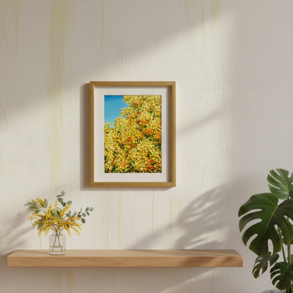 【原画】油絵「青い空とミモザ」北欧インテリアに馴染む花の絵画 |新築祝い・母の日ギフト・春の花