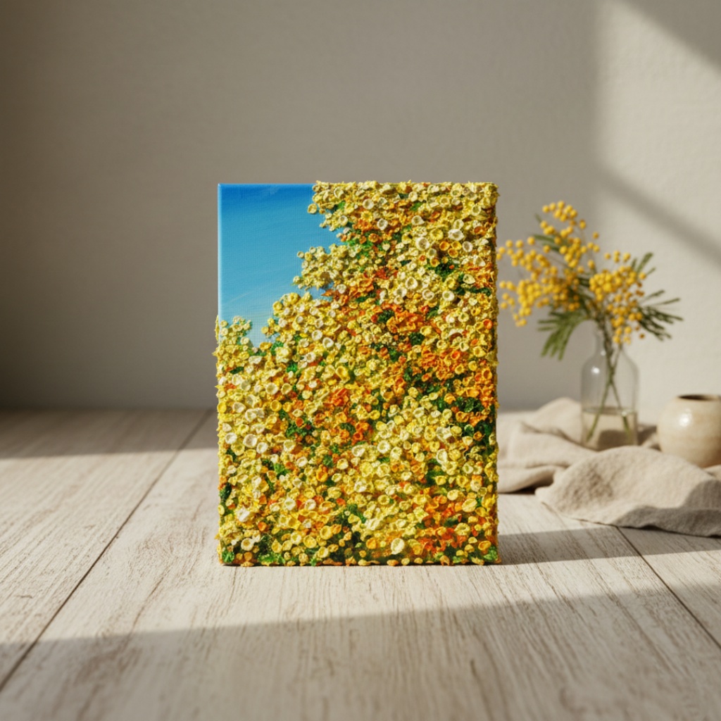 【原画】油絵「青い空とミモザ」北欧インテリアに馴染む花の絵画 |新築祝い・母の日ギフト・春の花