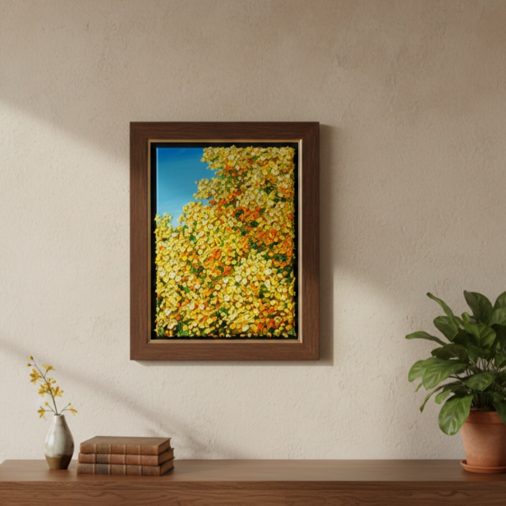 【原画】油絵「青い空とミモザ」北欧インテリアに馴染む花の絵画 |新築祝い・母の日ギフト・春の花