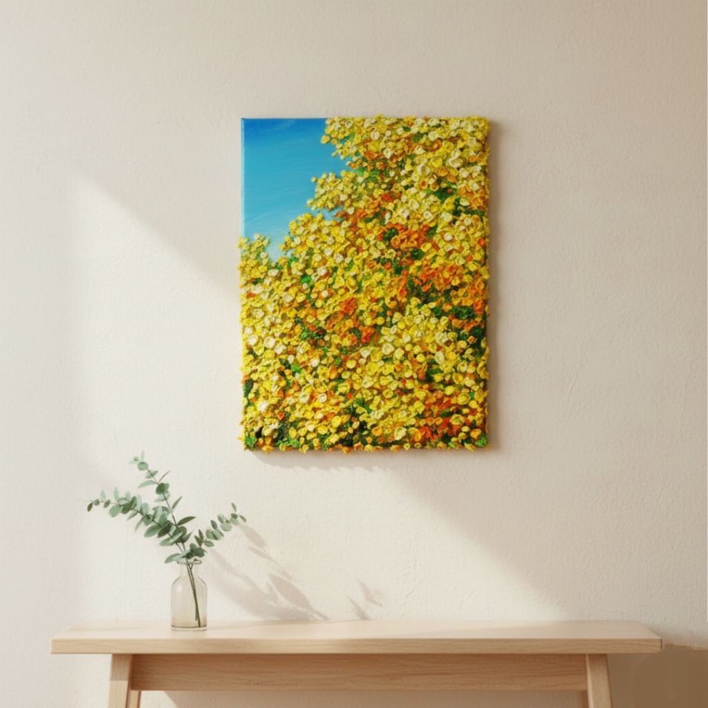 【原画】油絵「青い空とミモザ」北欧インテリアに馴染む花の絵画 |新築祝い・母の日ギフト・春の花