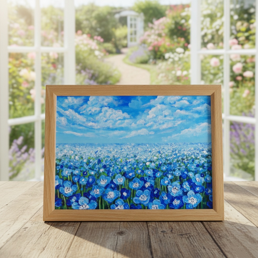 油絵 原画『空と雲のネモフィラ』風景画 花の絵 青空 青い花 一点物 絵画 インテリア