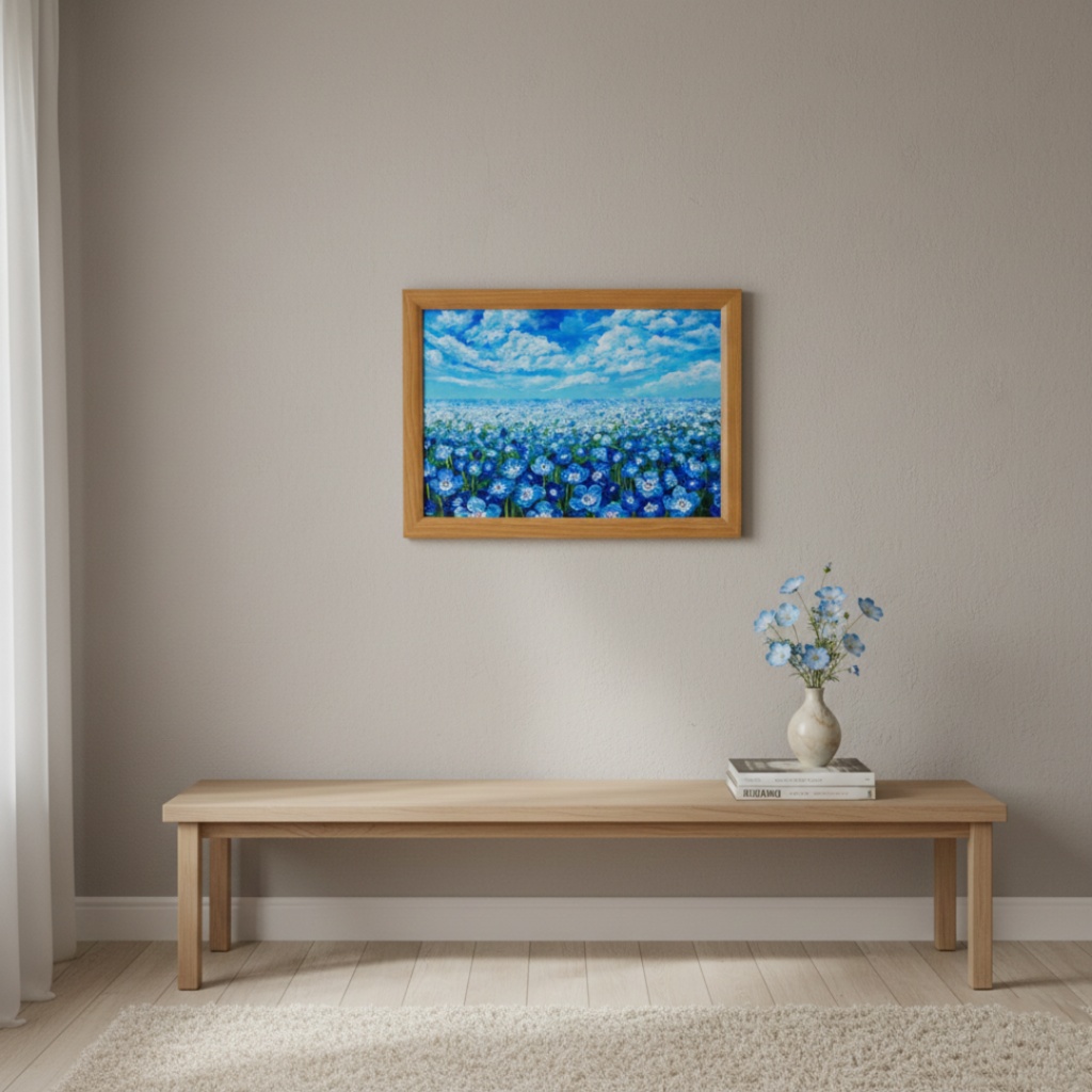 油絵 原画『空と雲のネモフィラ』風景画 花の絵 青空 青い花 一点物 絵画 インテリア