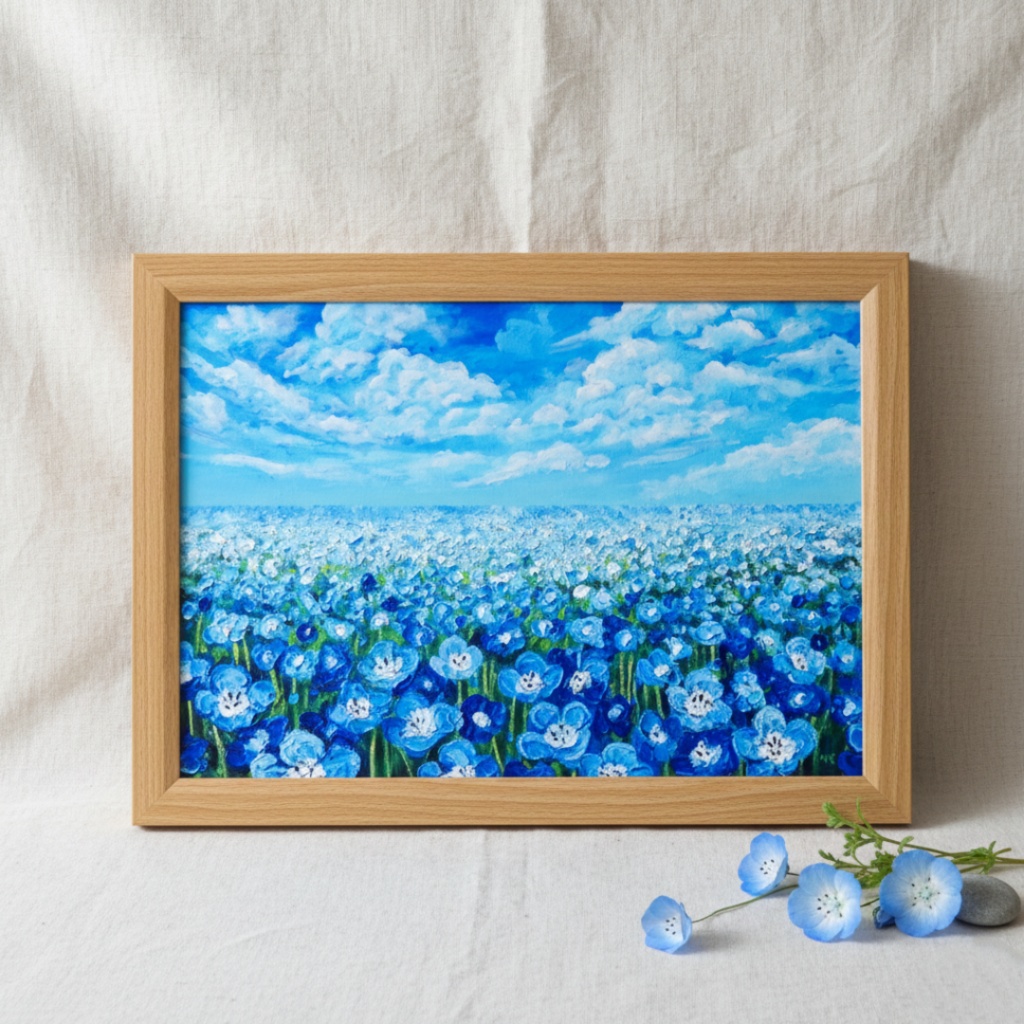 油絵 原画『空と雲のネモフィラ』風景画 花の絵 青空 青い花 一点物 絵画 インテリア 