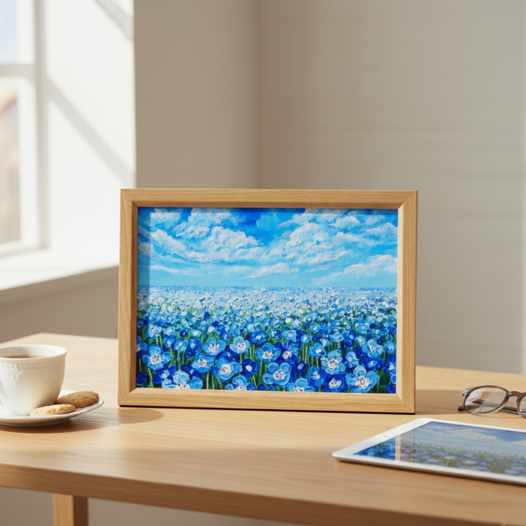 油絵 原画『空と雲のネモフィラ』風景画 花の絵 青空 青い花 一点物 絵画 インテリア