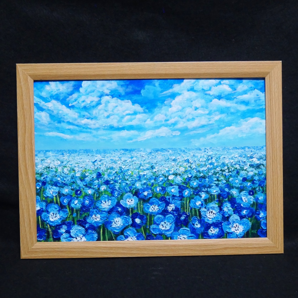 油絵 原画『空と雲のネモフィラ』風景画 花の絵 青空 青い花 一点物 絵画 インテリア