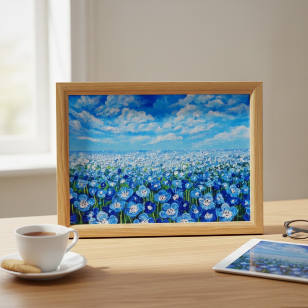 油絵 原画『空と雲のネモフィラ』風景画 花の絵 青空 青い花 一点物 絵画 インテリア