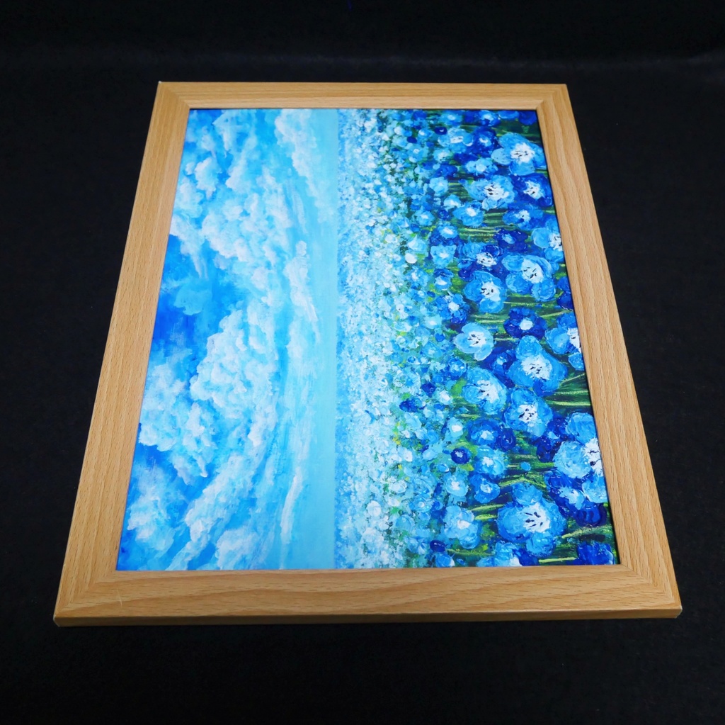 油絵 原画『空と雲のネモフィラ』風景画 花の絵 青空 青い花 一点物 絵画 インテリア