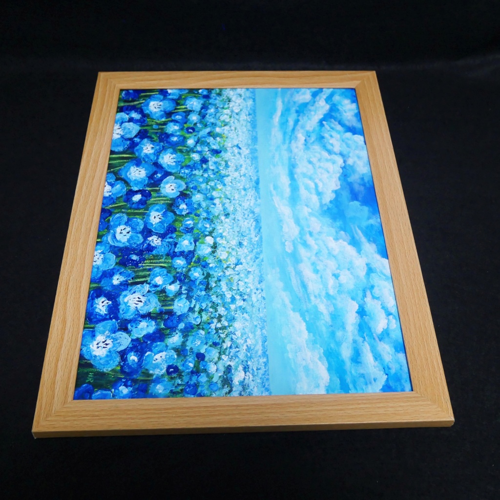 油絵 原画『空と雲のネモフィラ』風景画 花の絵 青空 青い花 一点物 絵画 インテリア