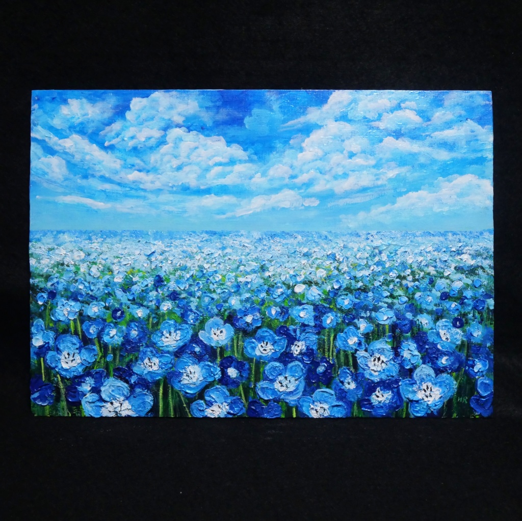 油絵 原画『空と雲のネモフィラ』風景画 花の絵 青空 青い花 一点物 絵画 インテリア