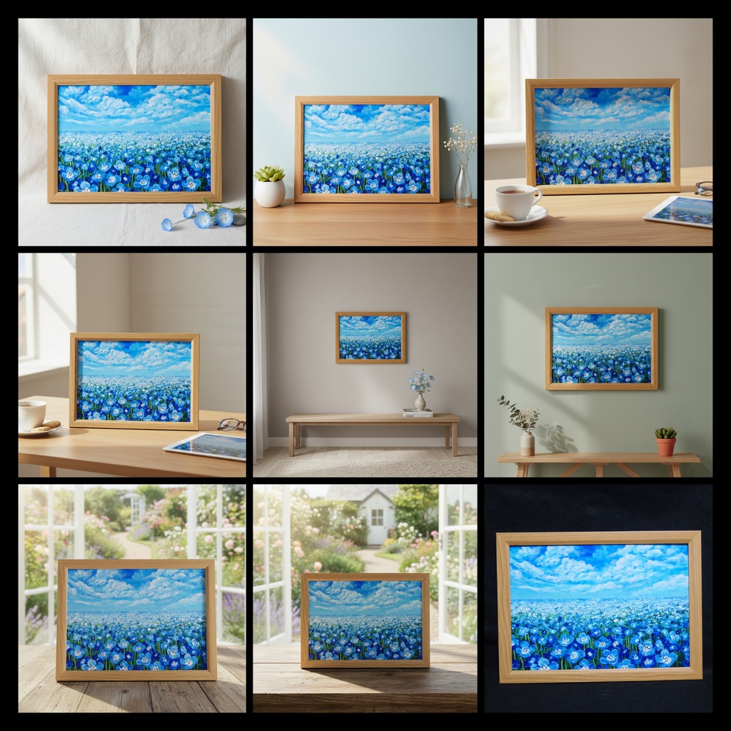 油絵 原画『空と雲のネモフィラ』風景画 花の絵 青空 青い花 一点物 絵画 インテリア