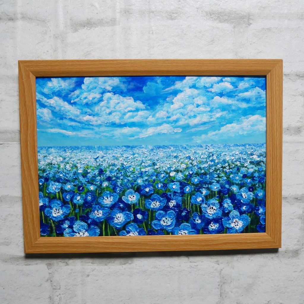油絵 原画『空と雲のネモフィラ』風景画 花の絵 青空 青い花 一点物 絵画 インテリア