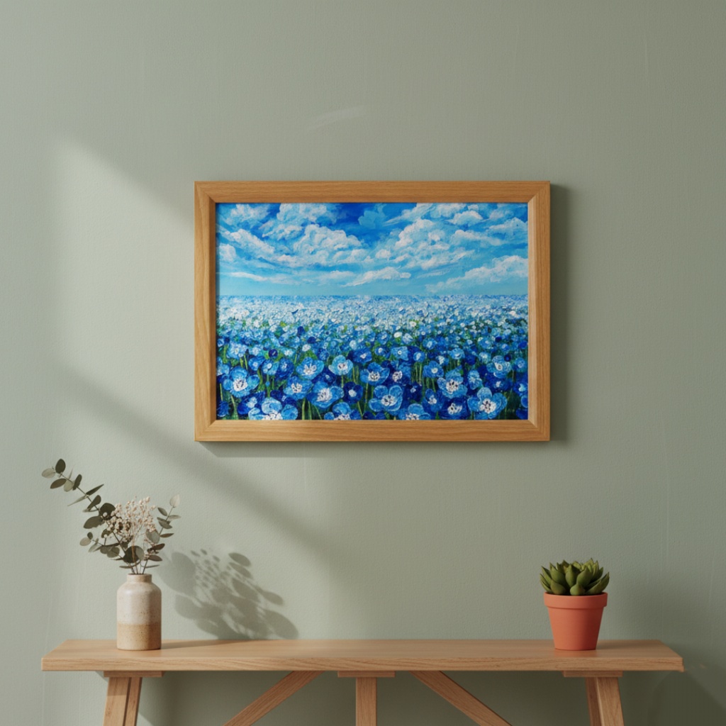 油絵 原画『空と雲のネモフィラ』風景画 花の絵 青空 青い花 一点物 絵画 インテリア