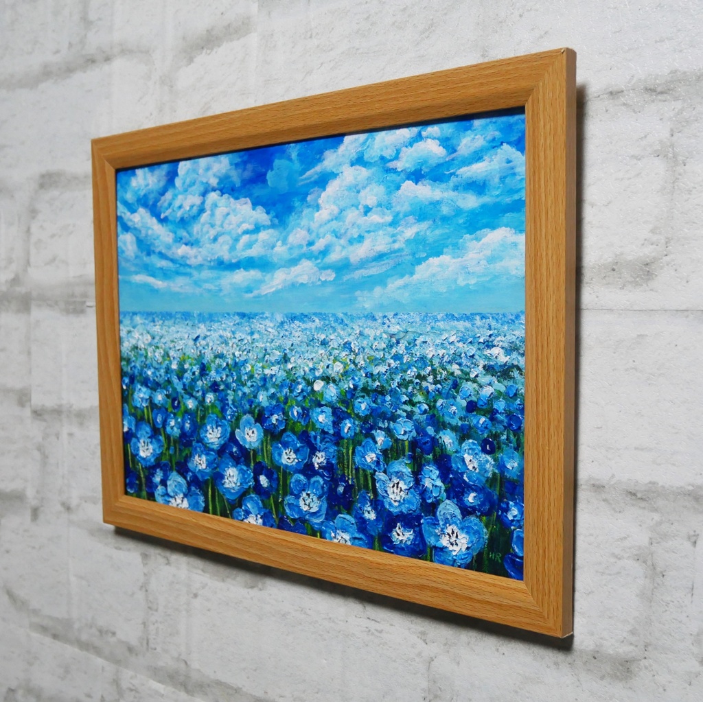 油絵 原画『空と雲のネモフィラ』風景画 花の絵 青空 青い花 一点物 絵画 インテリア