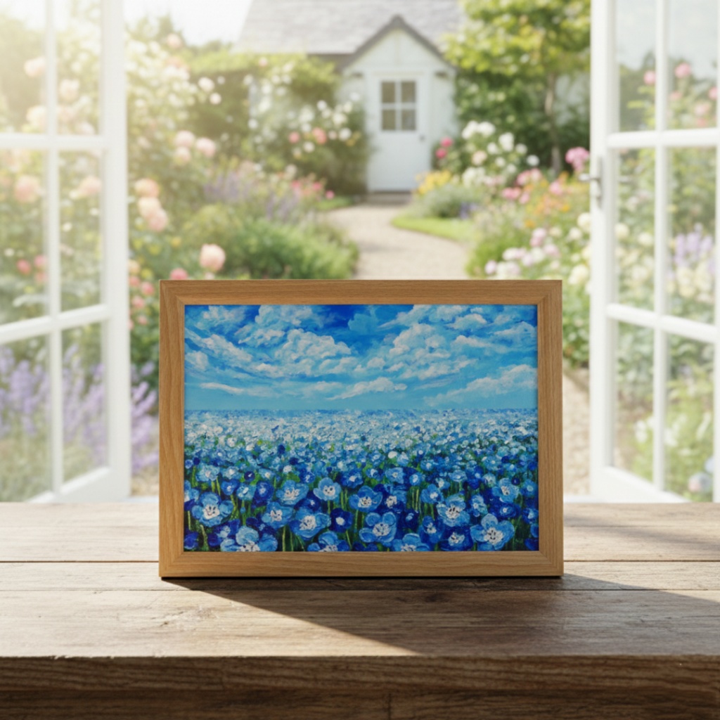 油絵 原画『空と雲のネモフィラ』風景画 花の絵 青空 青い花 一点物 絵画 インテリア