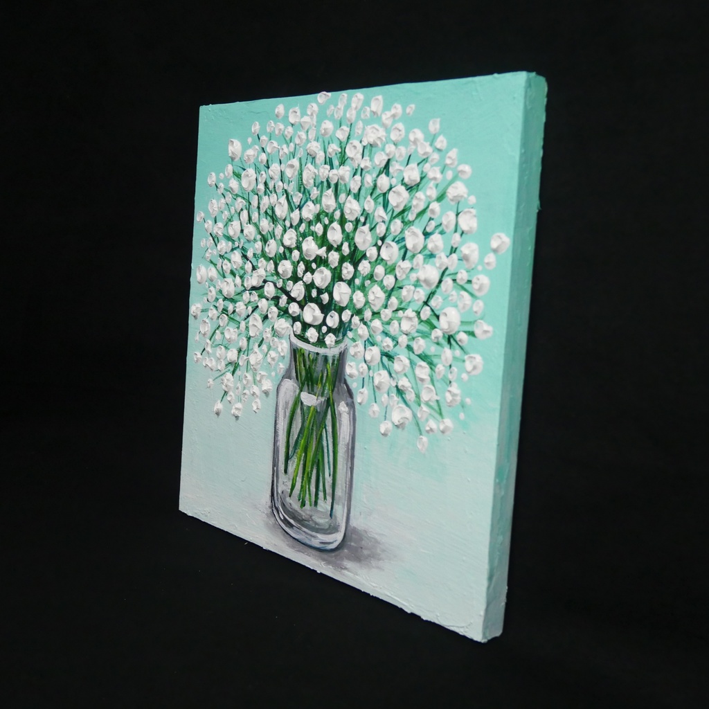 絵画 油彩 白い花束 木製パネル【かすみ草】リビングの壁掛けアート インテリア