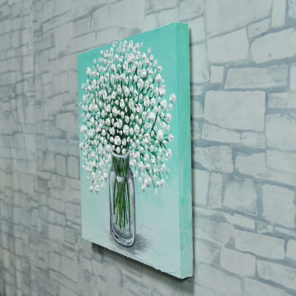 絵画 油彩 白い花束 木製パネル【かすみ草】リビングの壁掛けアート インテリア