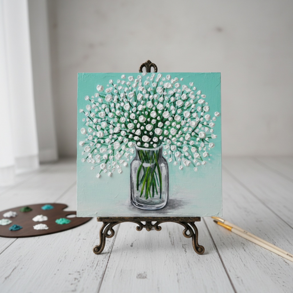 絵画 油彩 白い花束　木製パネル【かすみ草】リビングの壁掛けアート インテリア