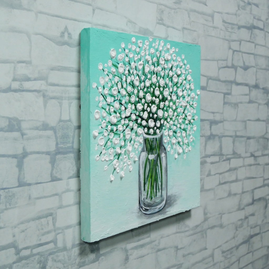 絵画 油彩 白い花束 木製パネル【かすみ草】リビングの壁掛けアート インテリア